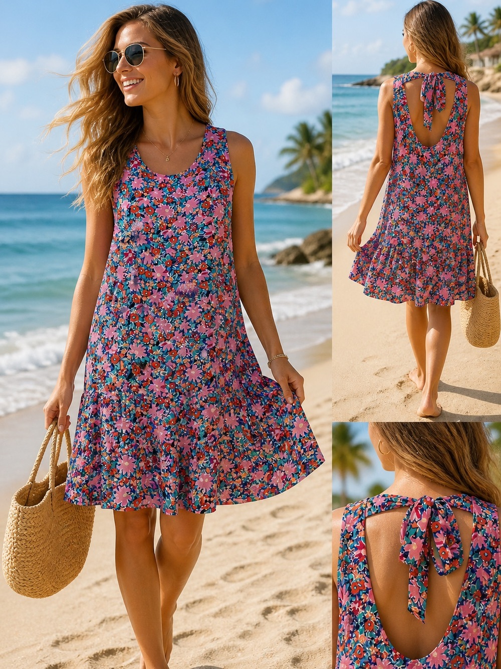 🌸 LOFT Petite Floral Tie Back Dress Pink Blue Sleeveless‎ Drop Waist Size LP - Picture 2 of 16